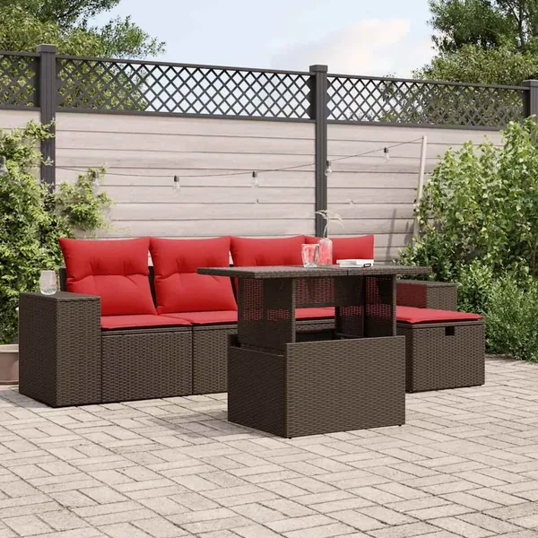 Ensemble de canapé de jardin 6 pcs avec coussins marron résine tressée