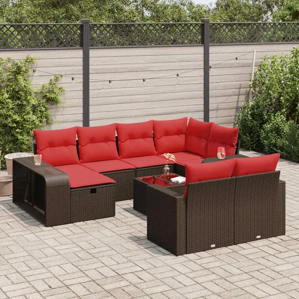 Salon de jardin et coussins 11 pcs marron résine tressée