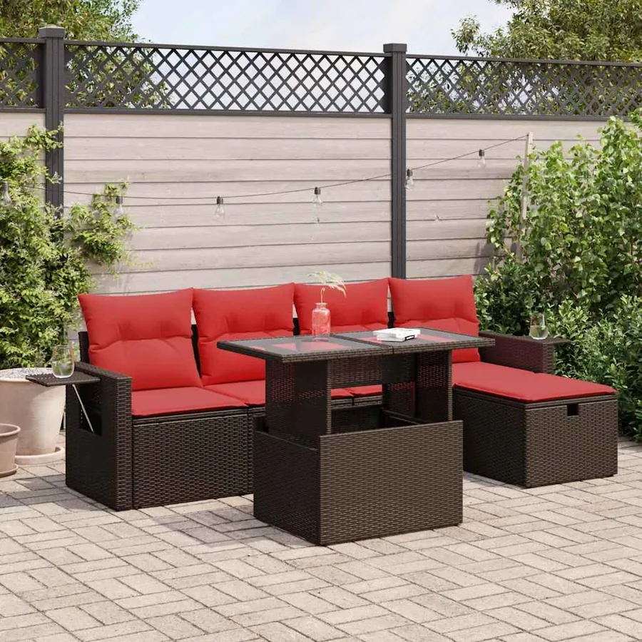 Salon de jardin 6 pcs avec coussins marron résine tressée