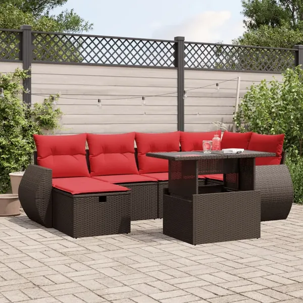 Ensemble de canapé de jardin 7 pcs avec coussins marron résine tressée