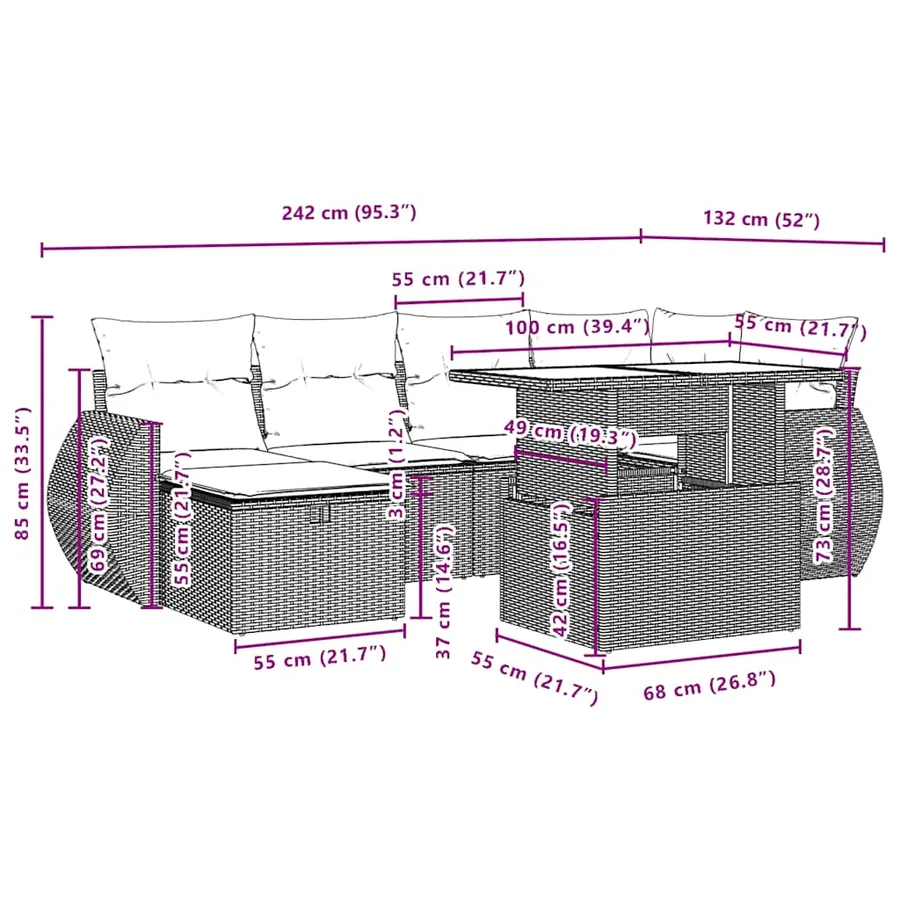 Ensemble de canapé de jardin 7 pcs avec coussins marron résine tressée - 13