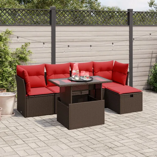 Ensemble de canapé de jardin 6 pcs avec coussins marron résine tressée