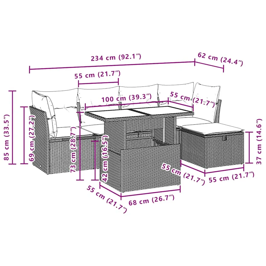 Ensemble de canapé de jardin 6 pcs avec coussins marron résine tressée - 12