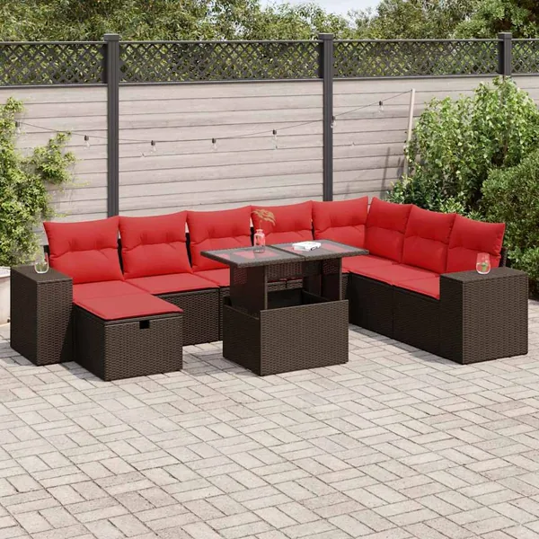 Salon de jardin avec coussins 9 pcs noir résine tressée acacia
