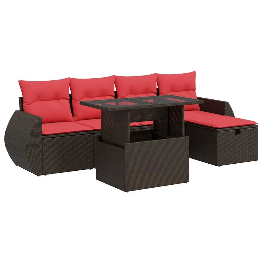 Salon de jardin 6 pcs avec coussins marron résine tressée acacia - 2