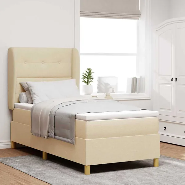 Lit à ressorts avec tête de lit Crème 200 x 90 cm tissu