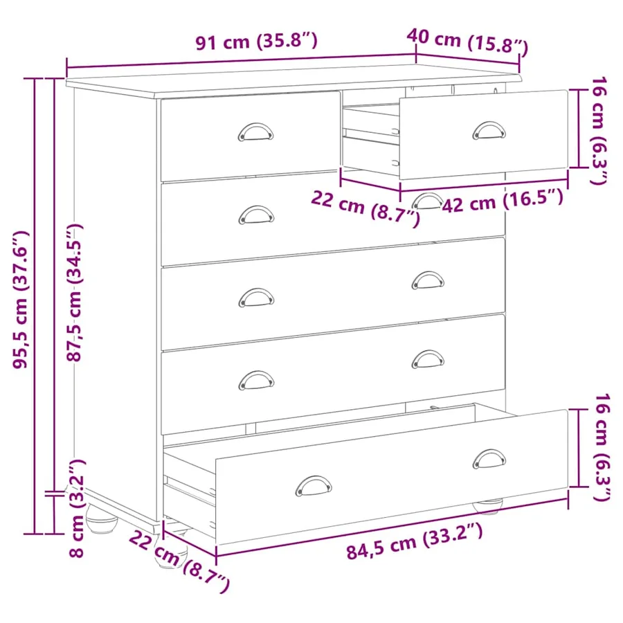 Commode ASKIM Blanc 91 x 40 x 95,5 cm Bois de pin massif - 13