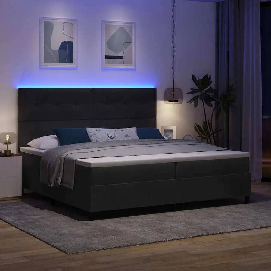 Lit à ressort LED avec tête de lit Noir 200 x 200 cm Velours - 5