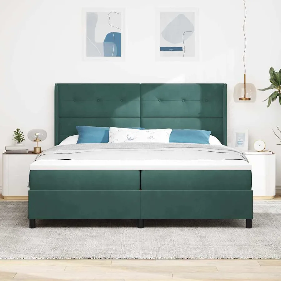 Lit à ressorts avec tête de lit Vert foncé 200 x 200 cm Velours - 3