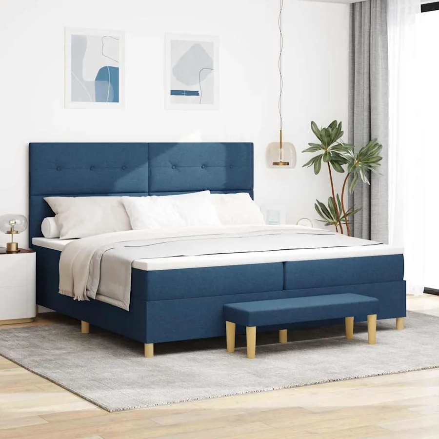 Lit à ressorts avec tête de lit Bleu 200 x 200 cm tissu