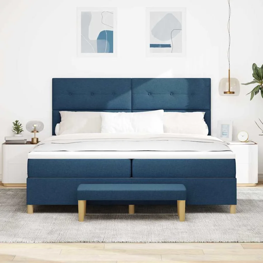 Lit à ressorts avec tête de lit Bleu 200 x 200 cm tissu - 3