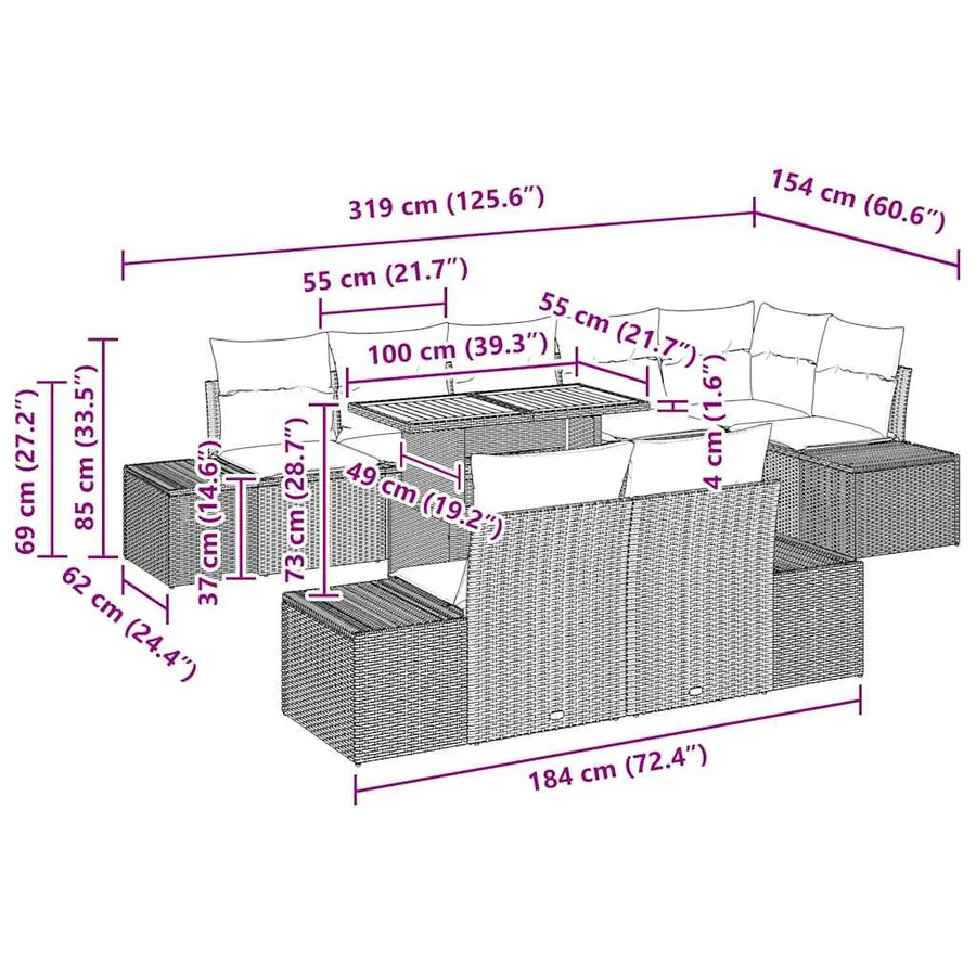 Ensemble de canapé de jardin 9 pcs Noir Poly rotin - 15