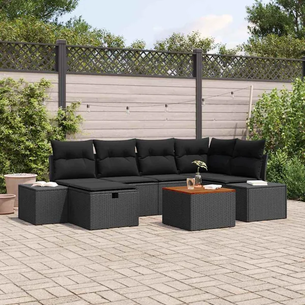 Ensemble de canapé de jardin avec coussin 7 pcs Noir Poly rotin