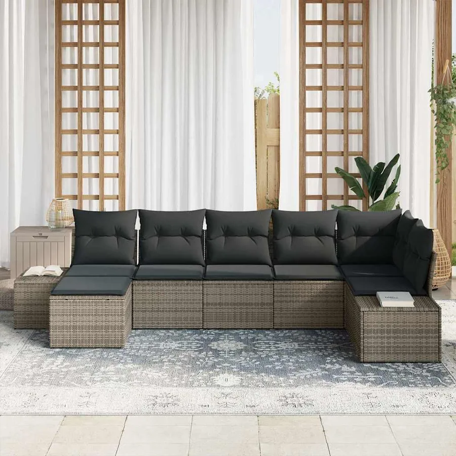 Ensemble de canapé de jardin avec coussin 7 pcs Gris Poly rotin - 3
