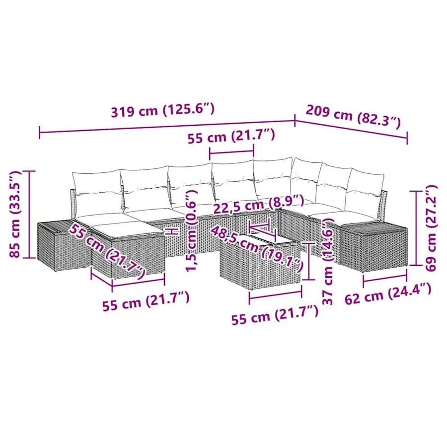 Ensemble de canapé de jardin avec coussin 8 pcs Gris polyrotin - 15