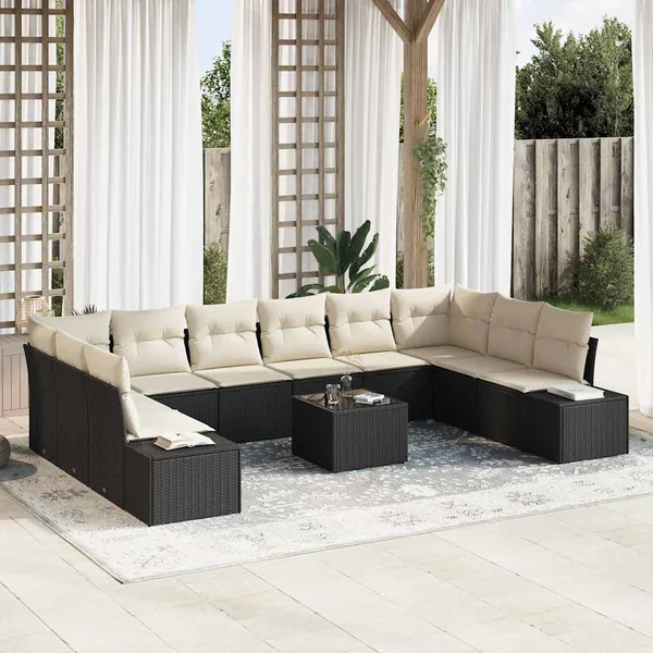 Ensemble de canapé de jardin 10 pcs Noir et Crème Polyrotin
