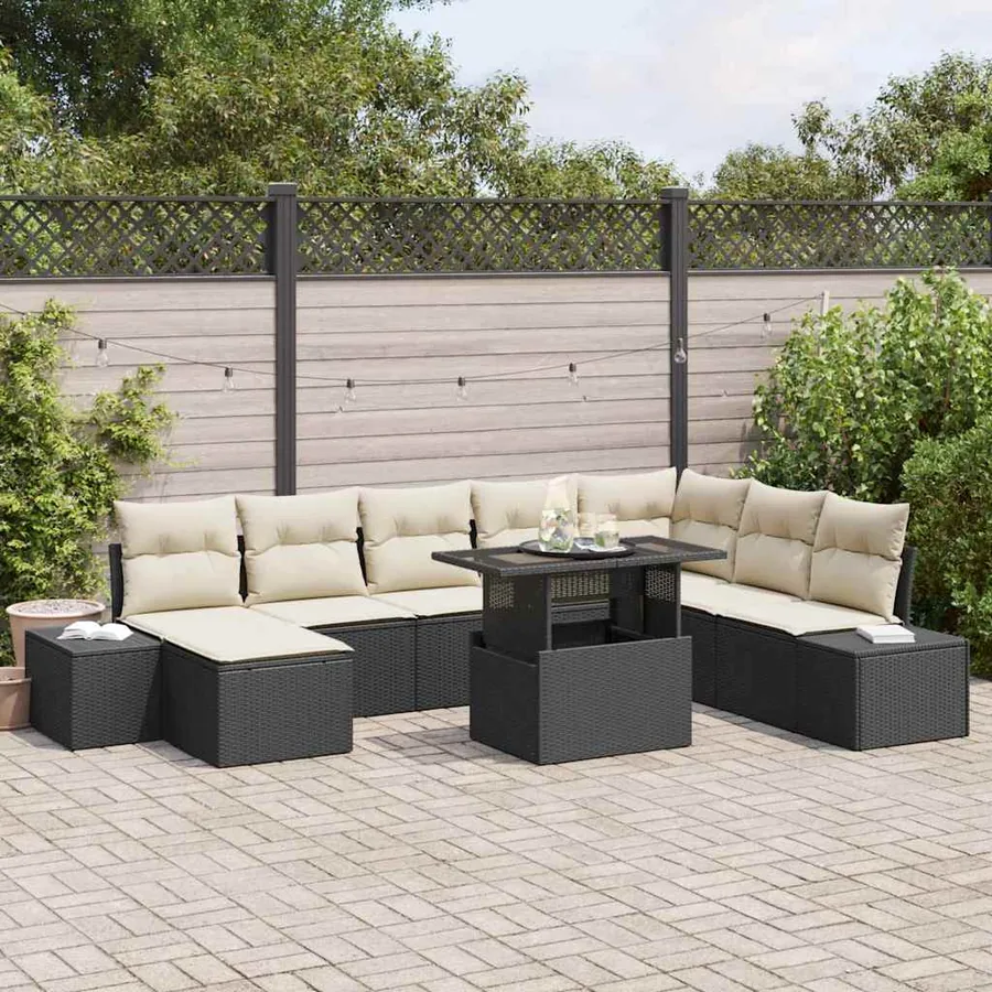 Ensemble de canapé de jardin 9 pcs Noir Poly rotin