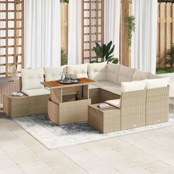 Ensemble de canapé de jardin 9 pcs Beige Poly rotin