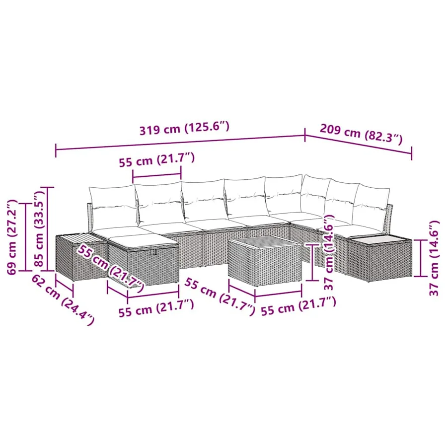Ensemble de canapé de jardin avec coussin 9 pcs Noir polyrotin - 11