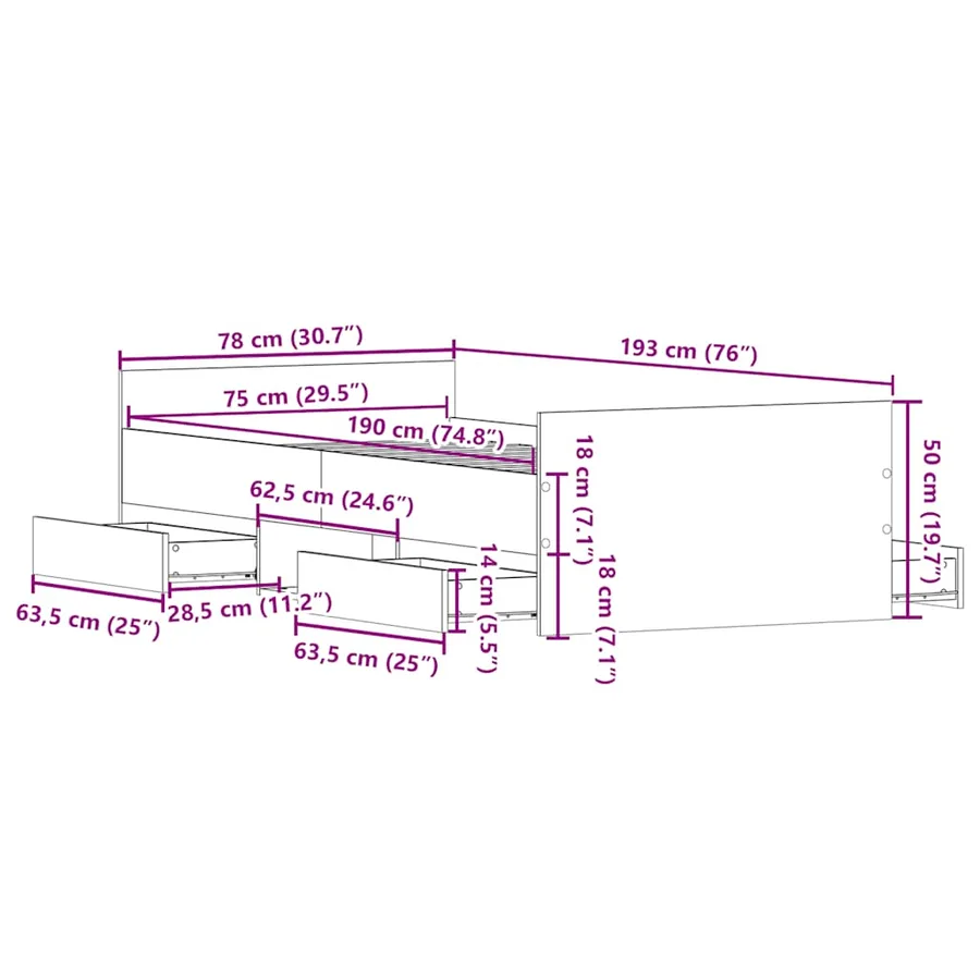 Cadre de lit sans matelas chêne fumé 75x190 cm - 11