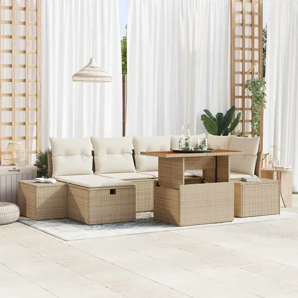 Ensemble de canapé de jardin 7 pcs Beige polyrotin