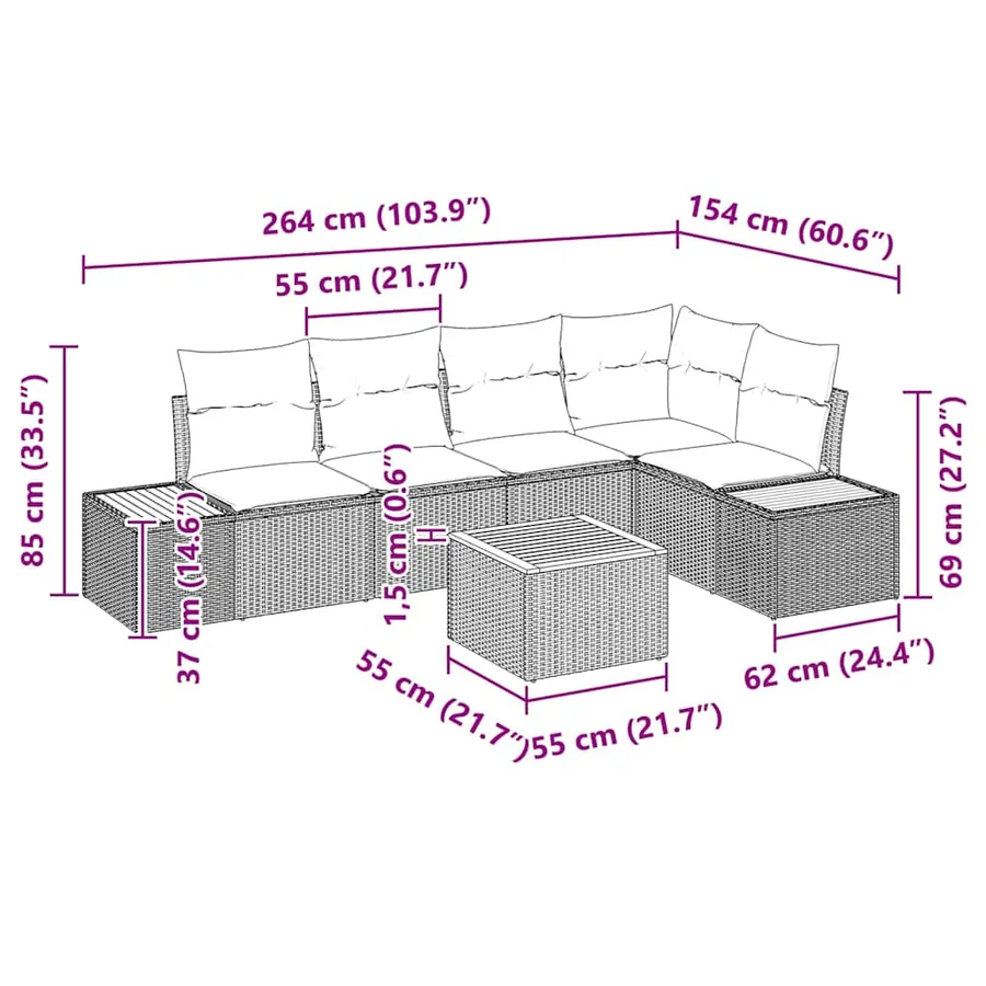 Ensemble de canapé de jardin avec coussin 6 pcs Noir Poly rotin - 9