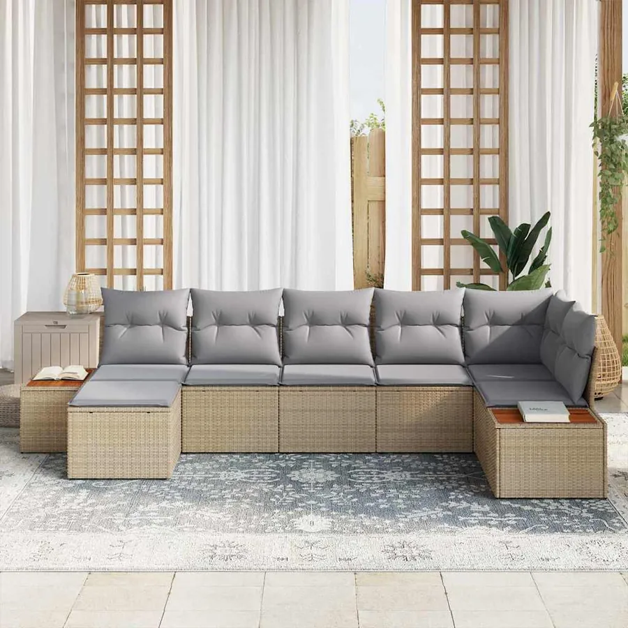Ensemble de canapé de jardin avec coussin 7 pcs Beige polyrotin - 3