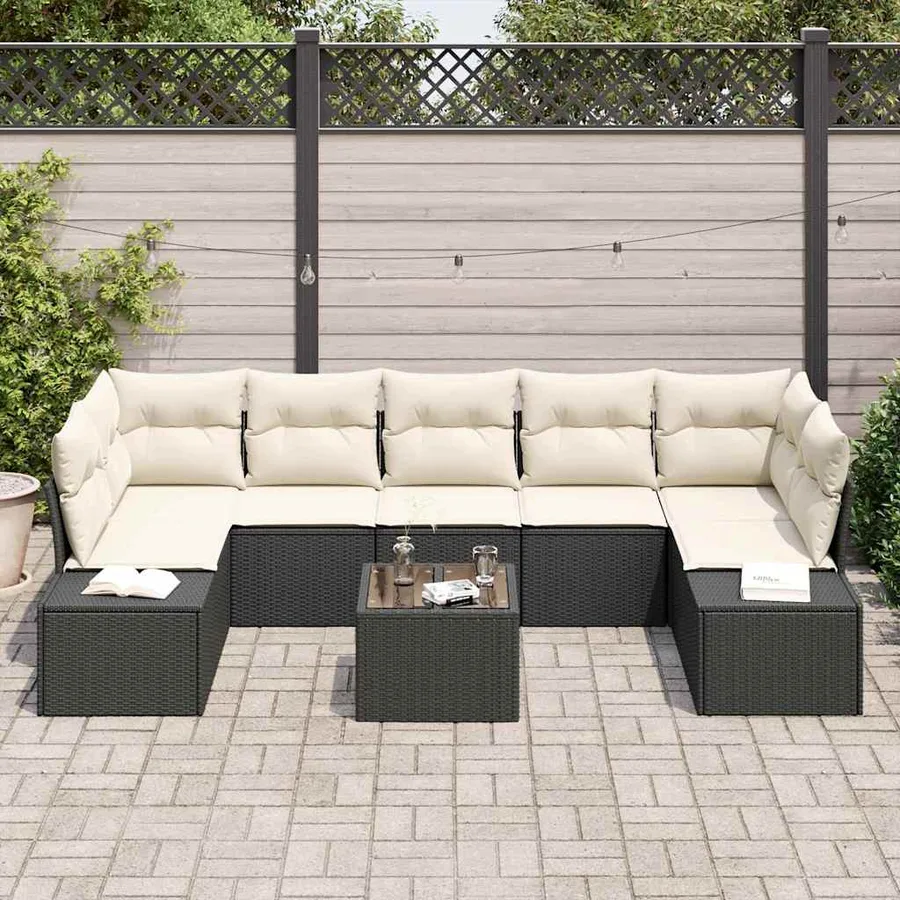 Ensemble de canapé de jardin 8 pcs Noir et Crème polyrotin - 3