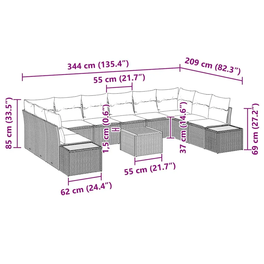 Ensemble de canapé de jardin 11 pcs Noir Poly rotin - 9