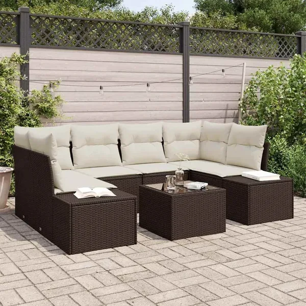 Ensemble de canapé de jardin 8 pcs Marron et Crème polyrotin
