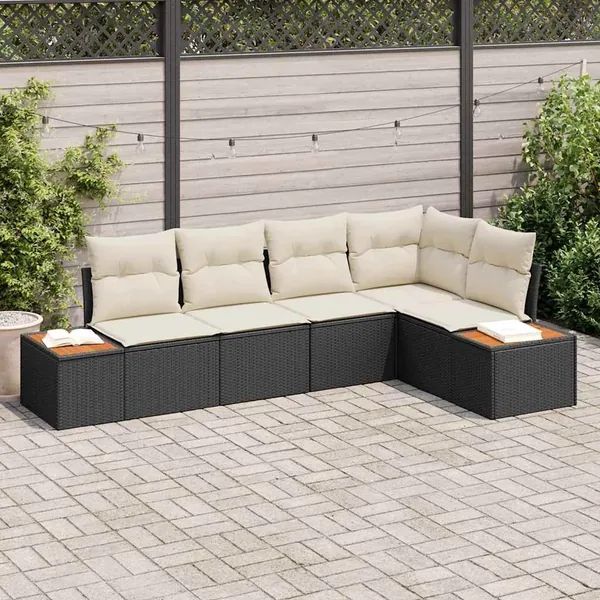 Ensemble de canapé de jardin avec coussin 5 pcs Noir Poly rotin