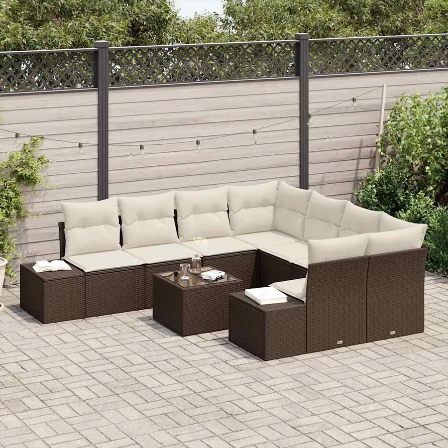 Ensemble de canapé de jardin 9 pcs Marron et Crème polyrotin - 3