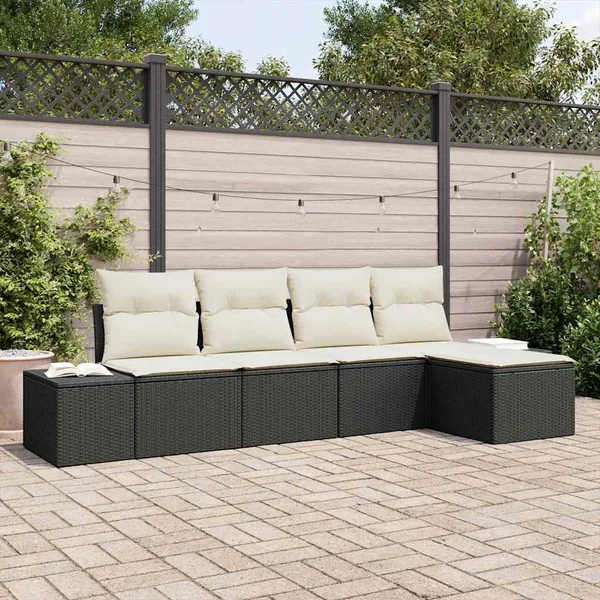 Ensemble de canapé de jardin 5 pcs Noir et Crème polyrotin