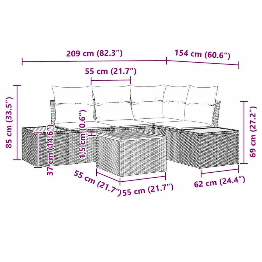 Ensemble de canapé de jardin 5 pcs Beige Poly rotin - 9