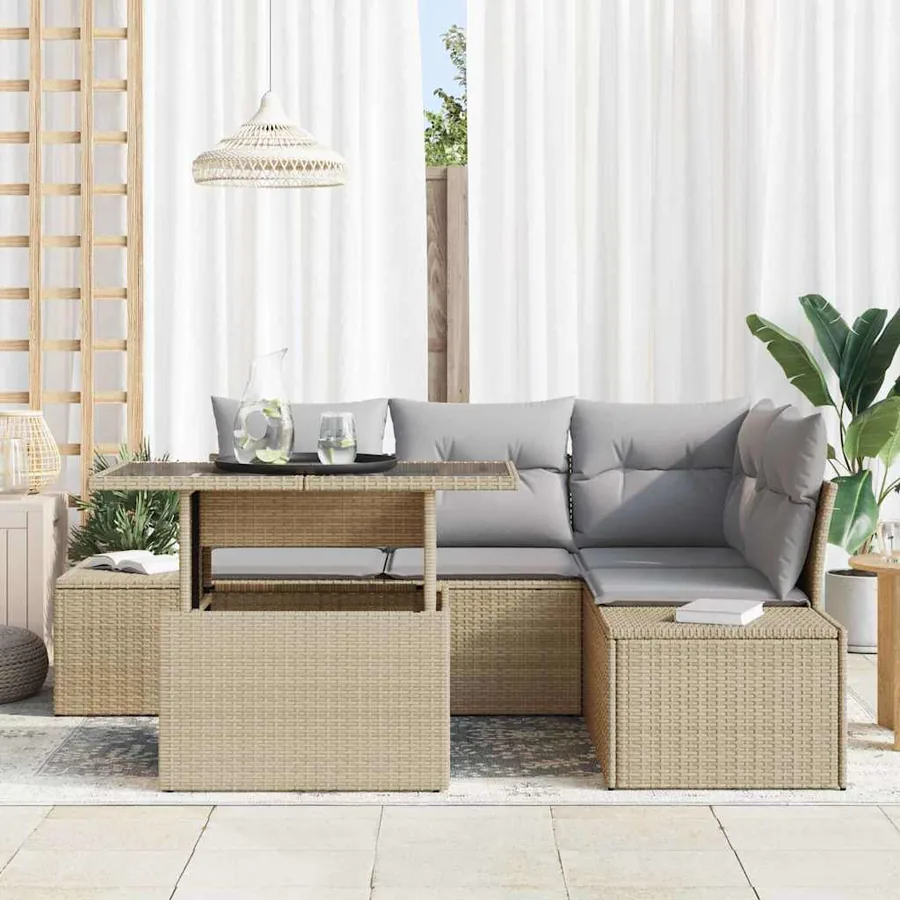 Ensemble de canapé de jardin avec coussin 5 pcs Beige polyrotin - 3