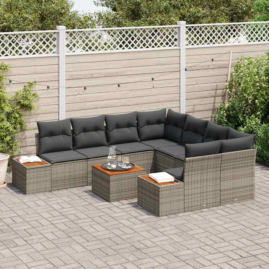 Ensemble de canapé de jardin avec coussin 9 pcs Gris Poly rotin - 3
