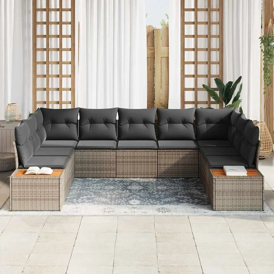 Ensemble de canapé de jardin avec coussin 9 pcs Gris Poly rotin - 3