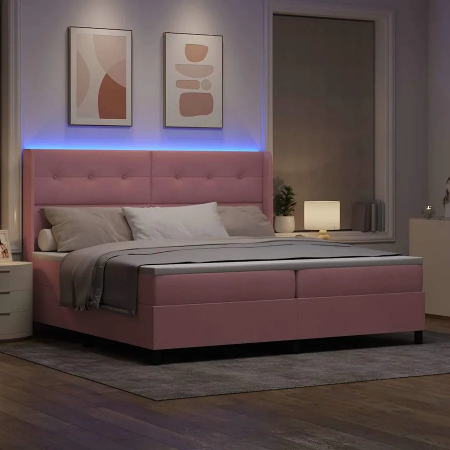 Lit à ressorts avec bandes LED Rose 200 x 200 cm Velours - 5