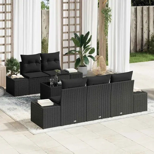 Ensemble de canapé de jardin avec coussin Noir polyrotin