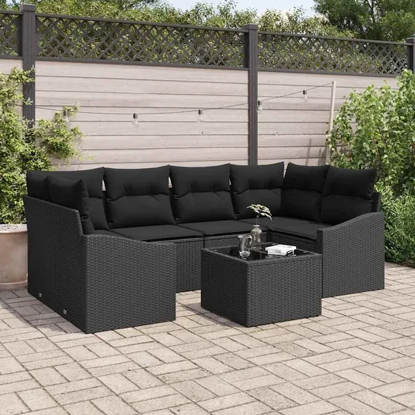 Ensemble de Canapés avec coussin 7 pcs Noir polyrotin