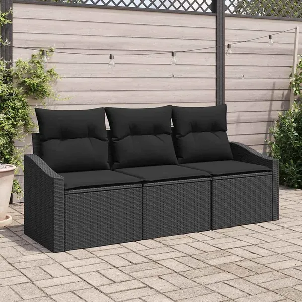 Ensemble de canapé de jardin avec coussin 3 pcs Noir polyrotin