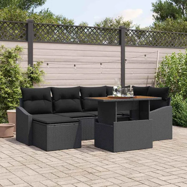 Ensemble de canapé de jardin 7 pcs Noir Poly rotin
