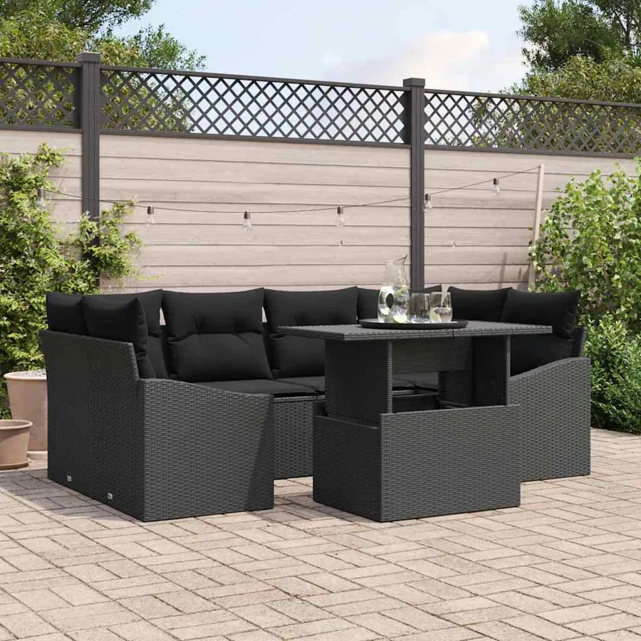 Ensemble de canapé de jardin 7 pcs Noir Poly rotin