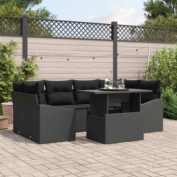 Ensemble de canapé de jardin 7 pcs Noir Poly rotin