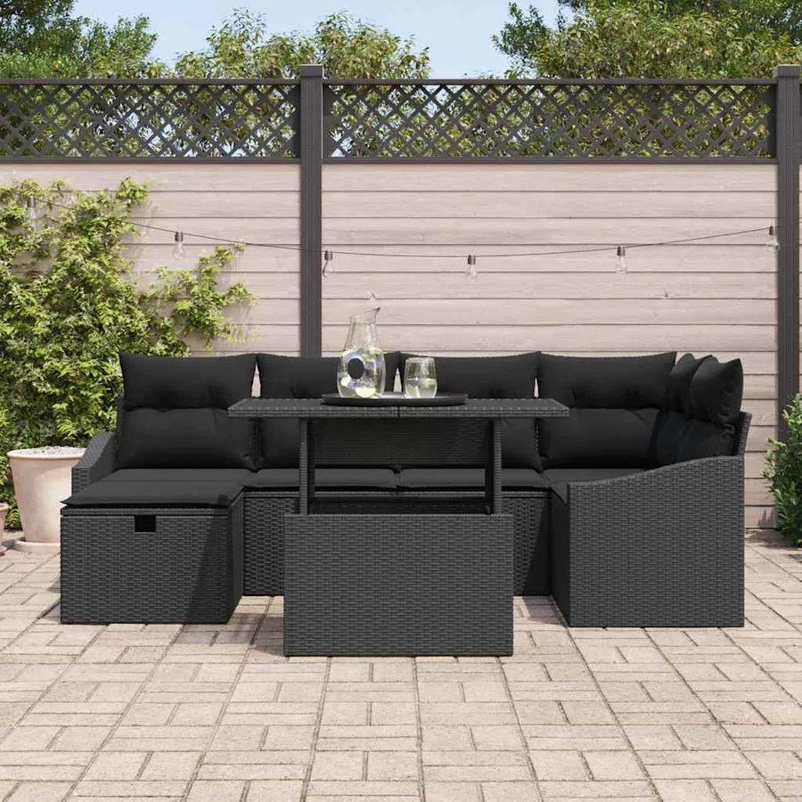 Ensemble de canapé de jardin avec coussin 7 pcs Noir polyrotin - 3