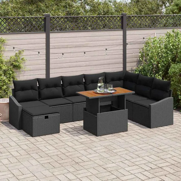 Ensemble de canapé de jardin 9 pcs Noir polyrotin