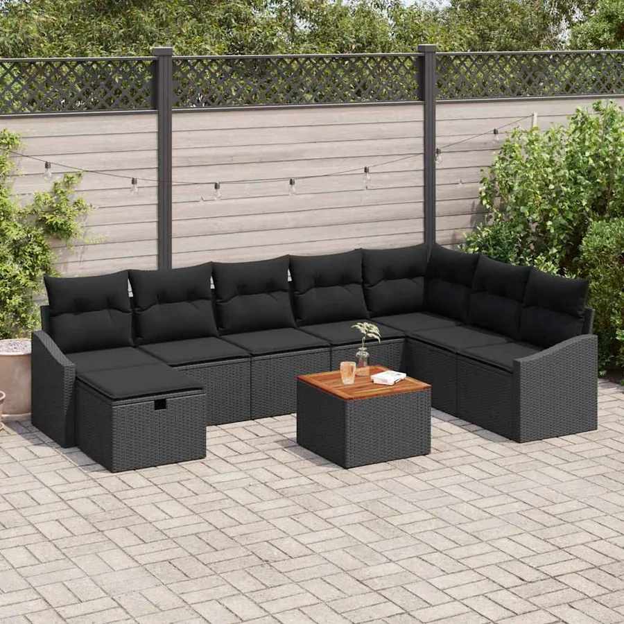Ensemble de canapé de jardin avec coussin 9 pcs Noir Poly rotin