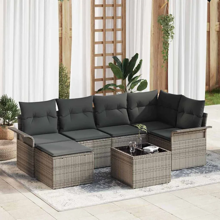 Ensemble de canapé de jardin avec coussin 7 pcs Gris polyrotin