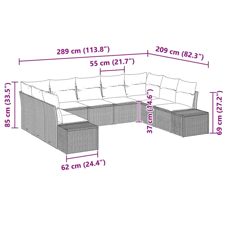 Ensemble de canapé de jardin avec coussin 9 pcs Noir polyrotin - 7