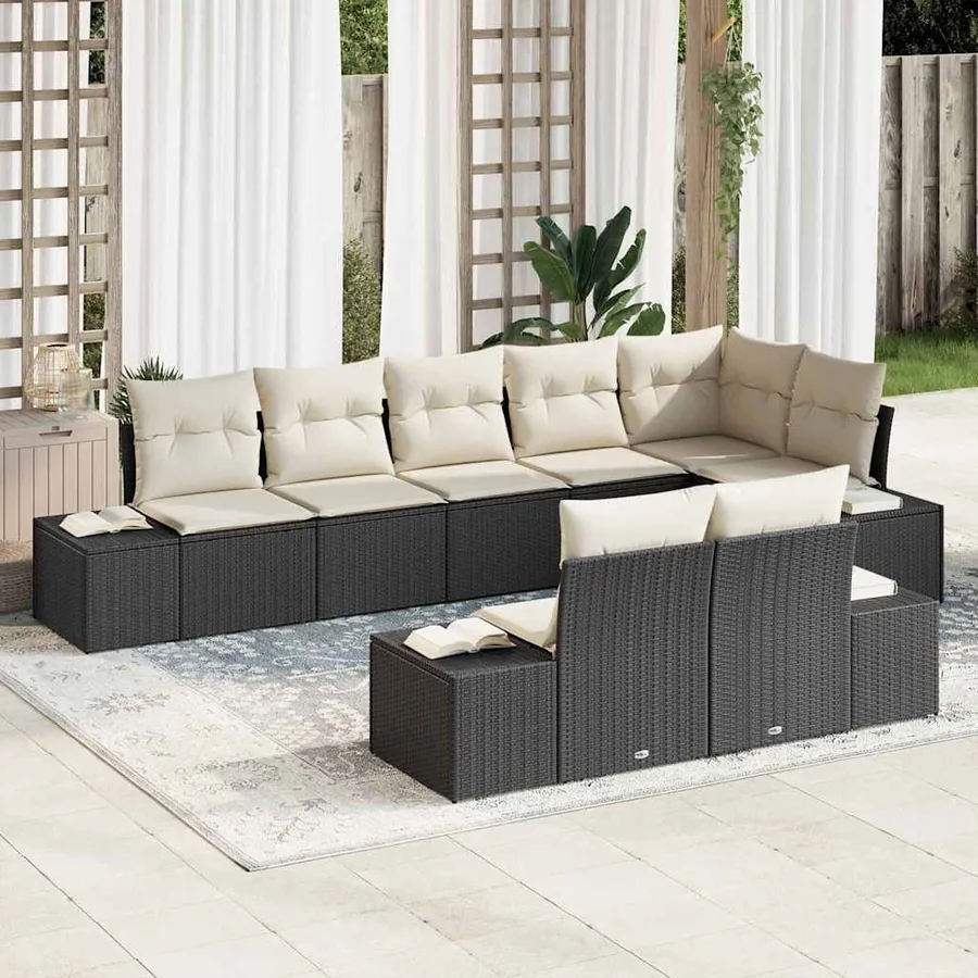 Ensemble de canapé de jardin 8 pcs Noir et Crème polyrotin